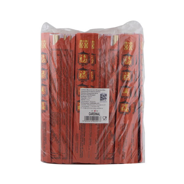 BAMBOO CHOPSTICK ROUND, WITH RED PAPER BAG 100 PRS 22CM
