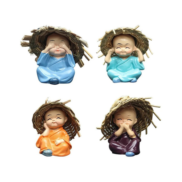 MONK FIGURINE WITH STRAW HAT CHINESE FOUR ARTS'' POSE 4PCS, 7CM 1Set