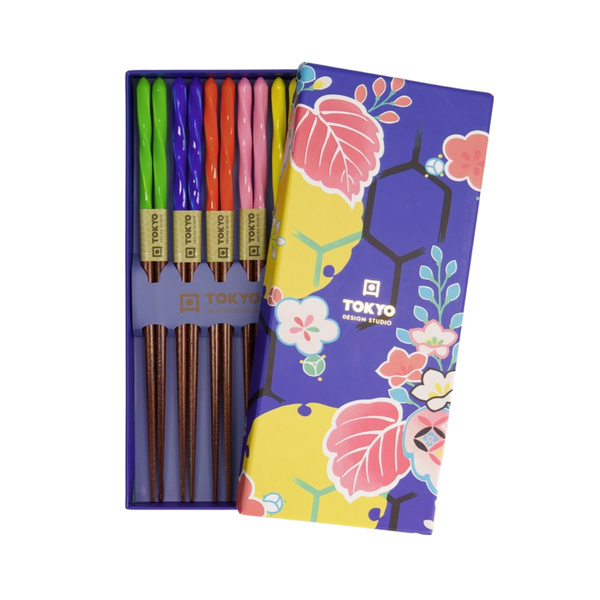 chopstick giftset/5 blue leaves wooden 1Set