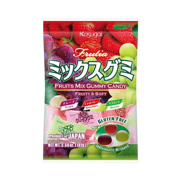 frutia gummy candy mix grape, muscat, strawberry 102gr