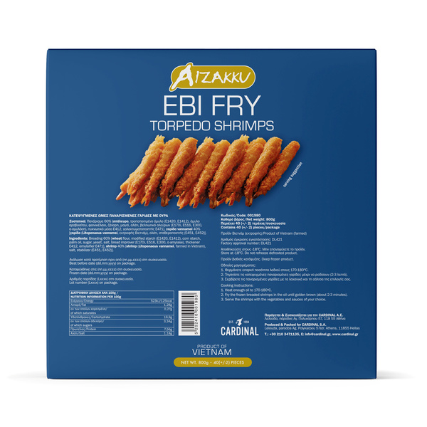 SHRIMP TORPEDO (21/25), (40+/-2PCS/BOX), (EBI FRY), BREADED WITH 60% PANKO RAW WITH TAIL 800gr