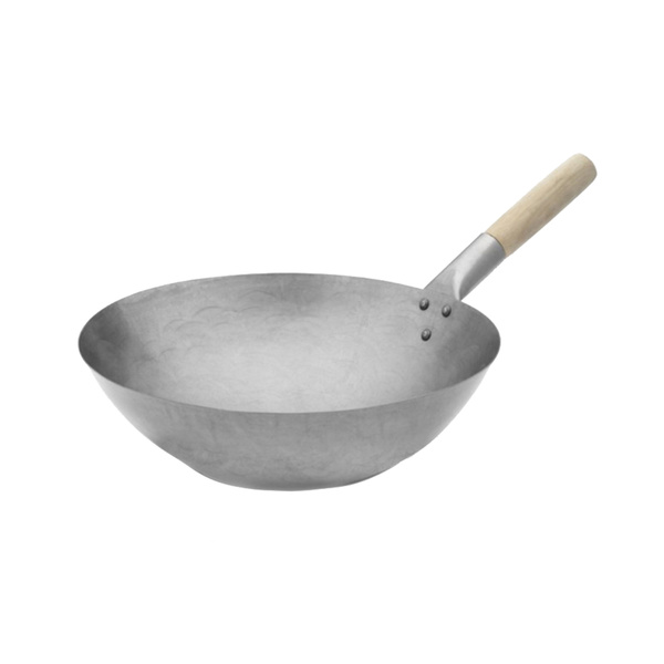 STEEL WOK ONE WOODEN HANDLE, ROUND, SILVER 36CM 1Pc