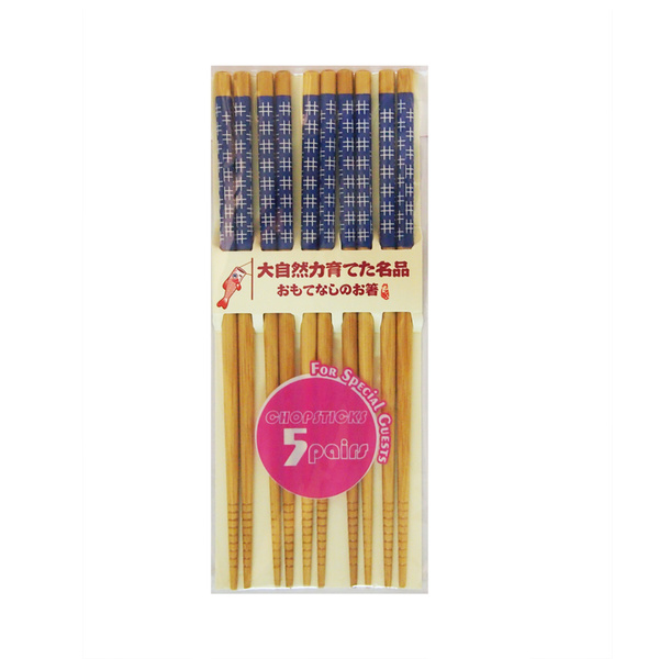 bamboo chopstick carbonized, round, with blue design 23.5cm, 5prs 1Set