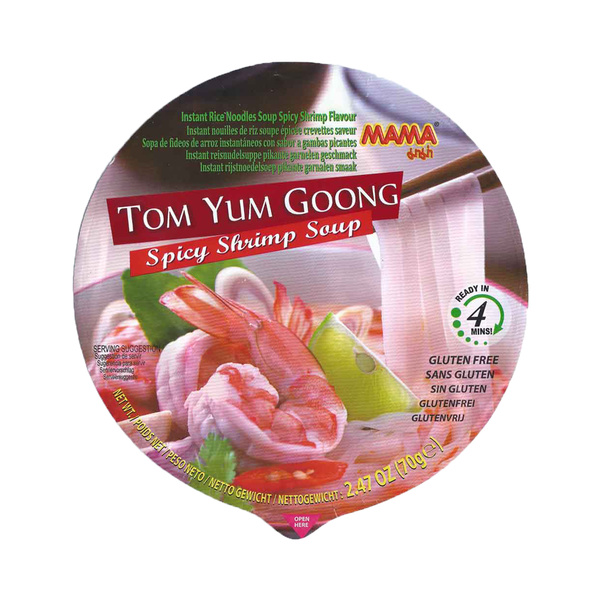 rice noodles instant soup gluten free, spicy shrimps flavor, tom yum goong bowl 70gr