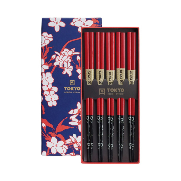 wood chopstick giftbox, red black flower 22.5cm, 5prs 1Pc